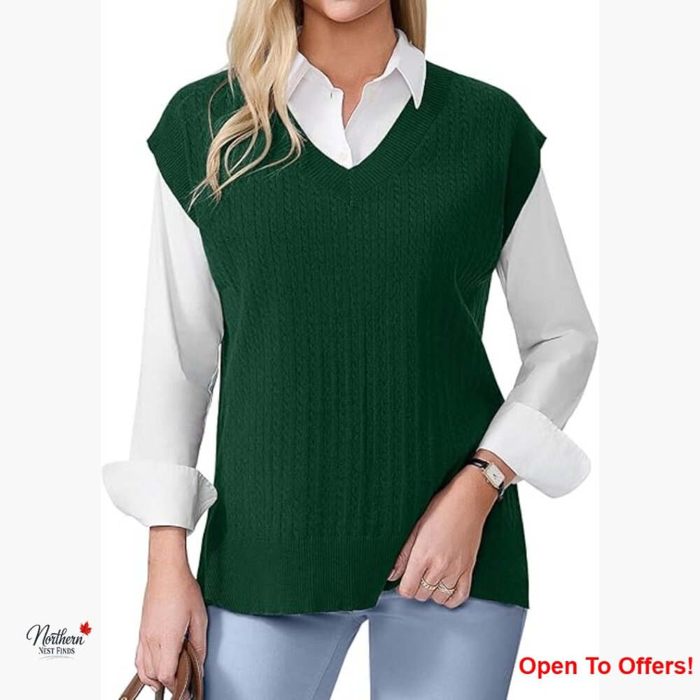 Viscose Cable Knit Sweater Vest V Neck Sleeveless Loose Fit Pullover